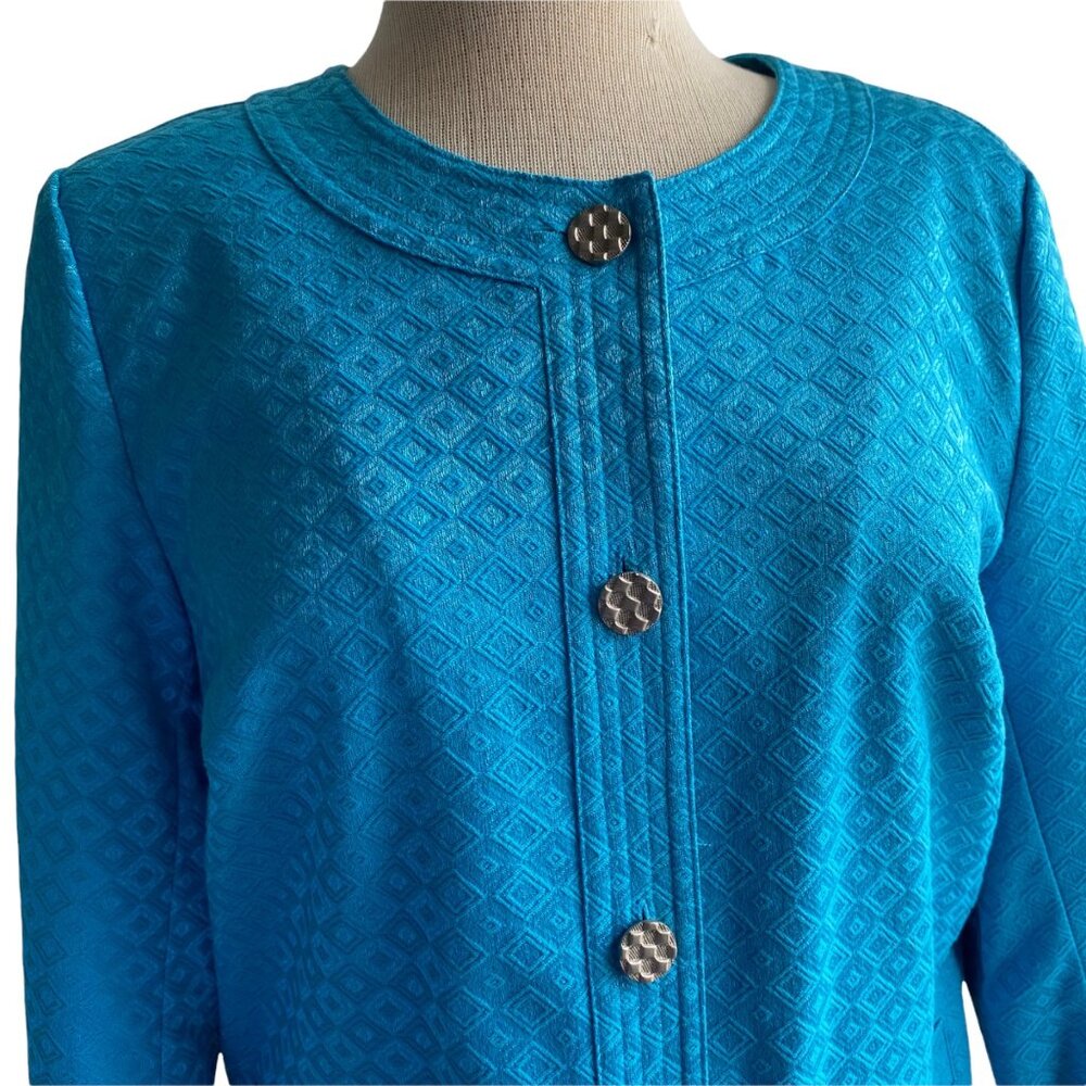 Laura Ashley Jacket Blazer Boxy Sz Small Blue Shiny Tapestry Print Button Easter